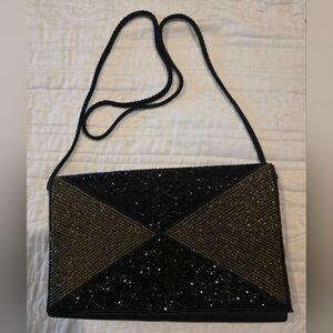 Vintage Walborg of Hong KongBlack& Bronze Beaded Even I ng Bag Satin Back 8"×5"